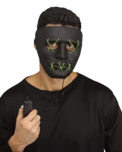 Leuchtende LED Maske Grün - Schwarz -Halloween Masken Geschäft leuchtende led maske gruen schwarz 37510