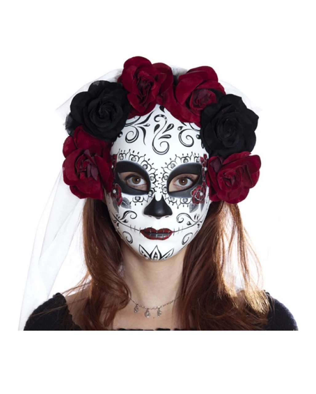 Sugar Skull Maske Mit Blumen & Schleier 3 Sugar Skull Maske Mit Blumen & Schleier